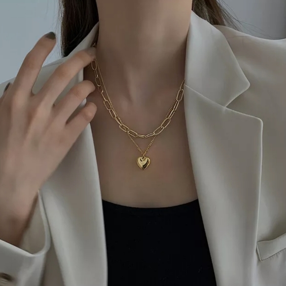 Double Layer Women Jewelry Gold Heart Charms Pendant Necklace New - Picture 4 of 11